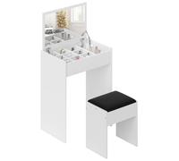 HOMCOM Mesa de Maquillaje con Espejo Plegable, Mesa de Maquillaje Moderna, con Taburete, Compartimento de Almacenaje (10 Compartimentos), MDF Blanco, 60.2 x 40.2 x 79cm