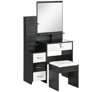 HOMCOM Conjunto de tocador mesa de maquillaje con taburete acolchado gran espejo + varios estantes abiertos + 4 cajones Blanco Negro Aosom España