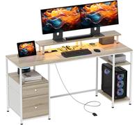 HOMCOM Mesa de Escritorio Mesa de Ordenador con Luces LED Estantes Cajones Tomas de Corriente Puertos USB y Soporte para Monitor para Oficina Estudio 155,5x48x88,5 cm Natural