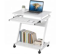 HOMCOM Mesa de Ordenador con Ruedas, 60x48 cm, Escritorio de Ordenador Moderno con Bandeja Deslizante para Teclado y Estante Inferior, Marco Metálico en Forma de Z, para Oficina, Estudio, Blanco