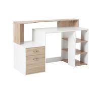 HOMCOM Mesa de Ordenador PC 137x55x92 cm Escritorio con Estantería de 3 Estantes 2 Cajones y Soporte para Impresora para Oficina Estudio Despacho Blanco y Roble