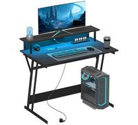HOMCOM Mesa Gaming con Luces LED, 100x60 cm, Escritorio Gaming, Mesa Gamer con Tomas de Corriente, Soporte para Monitor, Estantes y Control Remoto, para Oficina, Estudio, Negro