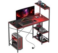 HOMCOM Mesa Gaming con Luces LED con Tomas de Corriente 110x50 cm Negro | Escritorio Gaming, de Fibra de Carbono, Mesa Gamer, Estantes, Control Remoto, para Oficina Estudio