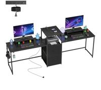 HOMCOM Mesa Gaming Doble Extralargo 244 cm con Estación de Carga Negro | Mesa Gamer, Escritorio Doble, Puertos USB, Soportes para Monitor, Cajones de Tela, Ganchos para Auriculares