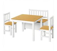 HOMCOM Mesa Infantil con 2 Sillas y Banco con Almacenaje Blanco y Natural | Mesa y Sillas Infantiles de 4 Piezas, Juego de Muebles para Actividades, para Niños de +3 Años, Dormitorio Sala de Juegos