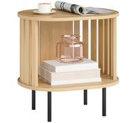HOMCOM Mesa lateral ovalada nórdica 50x39x50cm Efecto madera natural | Extremo del sofá, almacenamiento abierto, patas de acero, diseño de lamas, mesa de café para salón/dormitorio