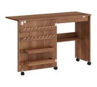 HOMCOM Mesa Máquina de Coser Plegable con Puerta Magnética 2 Compartimentos Estante 18 Soportes para Hilos 5 Ruedas Marrón