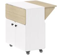 HOMCOM Mesa Plegable Armario con Ruedas, dos paneles de mesa plegables, compartimento de armario, 4 ruedas, Blanco + Madera natural, 70 x 83 x 75cm
