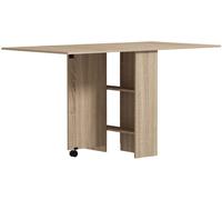 HOMCOM Mesa Plegable de Cocina con 2 Alas Abatibles de Madera 2 Estantes y Ruedas para Cocina Comedor 75x140x74 cm Madera Natural Aosom España