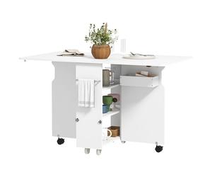 HOMCOM Mesa Plegable con Estantes de 3 Capas, Caja de Almacenamiento y Ruedas, Mesa Plegable de MDF, 130x80x76,5 cm, Blanca