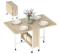 HOMCOM Mesa Plegable de Comedor con Ruedas 130x80x74 cm Madera Natural | Alas Abatibles, Estante de Almacenamiento, Mesa de Cocina Plegable, para Salón