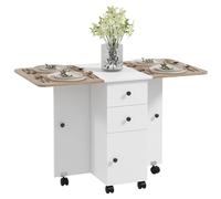 HOMCOM Mesa Plegable de Comedor, Mesa de Cocina Plegable, con Ruedas, Alas Abatibles, 2 Cajones, Estante y Armario, hasta 6 Personas, para Salón, Espacio Pequeño, 120x60x76,5 cm, Blanco y Natural