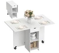 HOMCOM Mesa Plegable de Comedor Ruedas 120x72x75 cm Blanco | Mesa de Cocina Plegable, Alas Abatibles, Cajón y Estantes, para 2-4 Personas