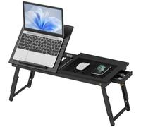 HOMCOM Mesa Reclinable para Cama/Sofá Bandeja Plegable Cajón Lateral Negro | para Ordenador Portátil y Libros, Cinco Alturas, Patas Ajustables, Mesita Auxiliar de Bambú y MDF, 83,5x33x34 cm