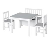 HOMCOM Mesa y Sillas Infantiles de 4 Piezas Mesa Infantil con 2 Sillas y Banco con Almacenaje Juego de Muebles para Actividades para Niños de +3 Años para Dormitorio Sala de Juegos Gris y Blanco