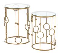 HOMCOM Mesas auxiliares, juego de 2 mesas de centro redondas decorativas estilo Art, Ø 41 y Ø 36 cm, metal dorado, vidrio templado de 5 mm