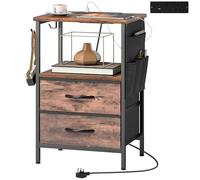 HOMCOM Mesilla de noche con estación de carga, mesa auxiliar delgada con puertos USB-C, 2 cajones de tela, ganchos y bolsa de almacenamiento para dormitorio, sala de estar, marrón rústico