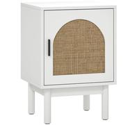 HOMCOM Mesilla de Noche con Puerta de Ratán Estante Ajustable y Patas de Madera Estilo Bohemio 40x35x58 cm Blanco
