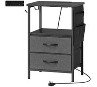 HOMCOM Mesita auxiliar con estación de carga, armazón de acero, puertos USB-C, cajones, ganchos, 40cm x 30cm x 60cm Negro Aosom España