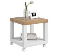HOMCOM Mesita Auxiliar con Ruedas Mesa Auxiliar con Estante Abierto Mesa para Sofá Sala Dormitorio 40x40x40 cm Natural y Blanco