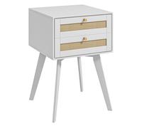 HOMCOM Mesita de Noche Blanca Mesilla de Noche Estilo Cannage con 2 Cajones y Elemento de Ratán Mesita Auxiliar Pequeña para Dormitorio Salón 40x40x60 cm