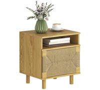 HOMCOM Mesita de Noche Bohemio con Puerta de Cuerda de Papel, Mesilla de Noche con Estante Abierto, Patas de Madera y Apertura Push, Mesa Auxiliar para Dormitorio o Salón, 45x39x50 cm, Roble