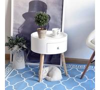 HOMCOM Mesita de Noche con 1 Cajón Borde Elevado 3 Patas Madera Ø38x45cm Blanco