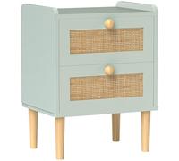 HOMCOM - Mesita de Noche, con 2 cajones, Efecto ratán Natural y Marco de Madera, Estilo Bohemio, para Dormitorio, Sala de Estar, 39,8 x 30 x 52,5 cm, Verde Oliva