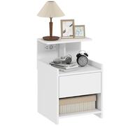 HOMCOM Mesita de Noche con Estación de Carga, Mesilla de Noche Dormitorio con Puertos USB, Cajón y Estantes Abiertos, para Salón, Estudio, 40x40x60 cm, Blanco