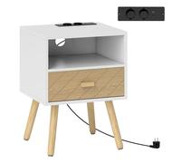 HOMCOM Mesita de Noche con Estación de Carga, Mesilla de Noche con Cajón, 2 Tomas AC, Puerto USB y Tipo-C, Compartimento Abierto, Patas de Madera, para Salón, Dormitorio, Blanco