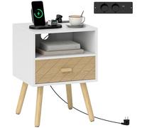 HOMCOM Mesita de Noche con Estación de Carga, Mesilla de Noche con Cajón, 2 Tomas AC, Puerto USB y Tipo-C, Compartimento Abierto, Patas de Madera, para Salón, Dormitorio, Blanco