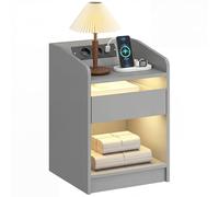 HOMCOM Mesita de Noche con Estación de Carga y Luz LED RGB, Mesilla de Noche Dormitorio con Cajón, Estante Abierto, Puertos USB y Control Remoto, para Salón, Estudio, 40x40x58 cm, Gris