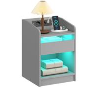 HOMCOM Mesita de Noche con Estación de Carga y Luz LED RGB, Mesilla de Noche Dormitorio con Cajón, Estante Abierto, Puertos USB y Control Remoto, para Salón, Estudio, 40x40x58 cm, Gris