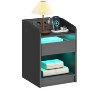 HOMCOM Mesita de Noche con Estación de Carga y Luz LED RGB, Mesilla de Noche Dormitorio con Cajón, Estante Abierto, Puertos USB y Control Remoto, para Salón, Estudio, 40x40x58 cm, Negro