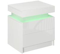 HOMCOM Mesita de Noche con Luces LED de 3 Colores Mesilla de Noche con 2 Cajones con Frente de Alto Brillo Interruptor con Cable y Control de APP Mesa de Noche para Dormitorio Salón Blanco 45x35x52 cm