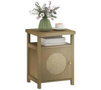 HOMCOM Mesita de Noche con Puerta de Ratán, Mesilla de Noche con Estante Abierto y Compartimento, Mesa Auxiliar para Dormitorio, Salón, 40x35x55 cm, Madera Natural