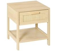 HOMCOM Mesita de Noche Mesa Auxiliar con Cajón de Ratán y Estante Inferior Base Elevada para Dormitorio Sala de Estar 40x40x48 cm Color Madera