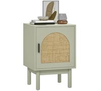 Homcom mesita de noche mesilla de noche con puerta de ratán estante ajustable y patas de madera estilo bohemio mesa auxiliar para salón dormitorio 40x35x58 cm verde claro