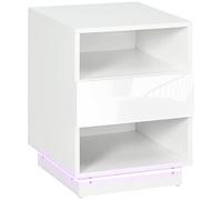 HOMCOM Mesita de Noche Moderna con Luz LED Mesilla de Noche con Mando a Distancia Cajón de Alto Brillo y 2 Estantes para Salón Dormitorio 40x40x55 cm Blanco