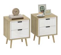 HOMCOM Mesitas de Noche con 2 Cajones 40x35x50 cm Blanco Brillo y Roble | Juego de 2, Modernas, Mesillas de Noche, Deslizamiento Silencioso, Patas de Madera, para Dormitorio, Salón