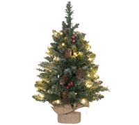 HOMCOM Mini Árbol de Navidad 60 cm con Luces Integradas, 86 Ramas, Piñas, Bayas Rojas, Base de Cemento, Verde