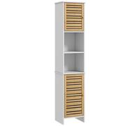 HOMCOM Mueble Auxiliar de Baño con Estantes Ajustables y Puertas de Bambú Anti-vuelco Armario para Baño 35x30x170 cm Blanco y Natural Aosom España