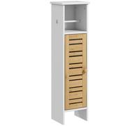 HOMCOM Mueble Auxiliar de Baño con Portarrollos de Papel Estantes Ajustable y Puerta de Bambú 21x17x78 cm Blanco y Natural
