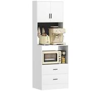 HOMCOM Mueble Auxiliar de Cocina, Aparador de Cocina con Soporte para Microondas, 2 Cajones, 2 Puertas, Estante Ajustable y Panel Perforado de Metal con 4 Ganchos, para Salón, 60x40x170 cm, Blanco
