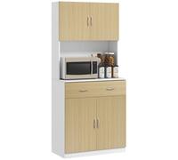 HOMCOM Mueble Auxiliar de Cocina con Puertas Cajón y Estantes Ajustables Antivuelco 80x40x180 cm Natural y Blanco