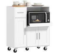 HOMCOM Mueble Auxiliar de Cocina con Ruedas, Aparador de Cocina para Microondas con Bandeja Deslizante, Cajón, 3 Puertas, Estante Ajustable y Orificio para Cables, para Salón, 80x40x88,7 cm, Blanco
