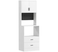 HOMCOM Mueble Auxiliar de Cocina con Soporte para Microondas 2 Cajones 2 Puertas y Panel Perforado de Metal Blanco