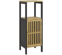 HOMCOM Mueble bajo de baño en bambú con armario 1 puerta repisa abierta 32x30x90,5 cm Negro y madera Aosom España