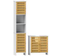 HOMCOM Mueble Bajo Lavabo y Columna Auxiliar de Baño con Estantes Ajustables y Puertas de Bambú Base Elevada Blanco y Natural Aosom España