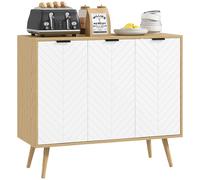 HOMCOM Aparador de 3 Puertas, Aparador de Salón con Estantes Ajustables, Patas de Madera, Puertas con Patrón de Espiga, para Cocina, Entrada, Dormitorio, Blanco y Natural, 91,5x35x77,4 cm